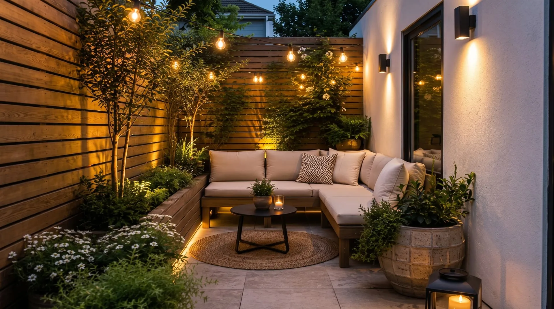 Small courtyard garden with festoon lighting, wall lights and lit planting