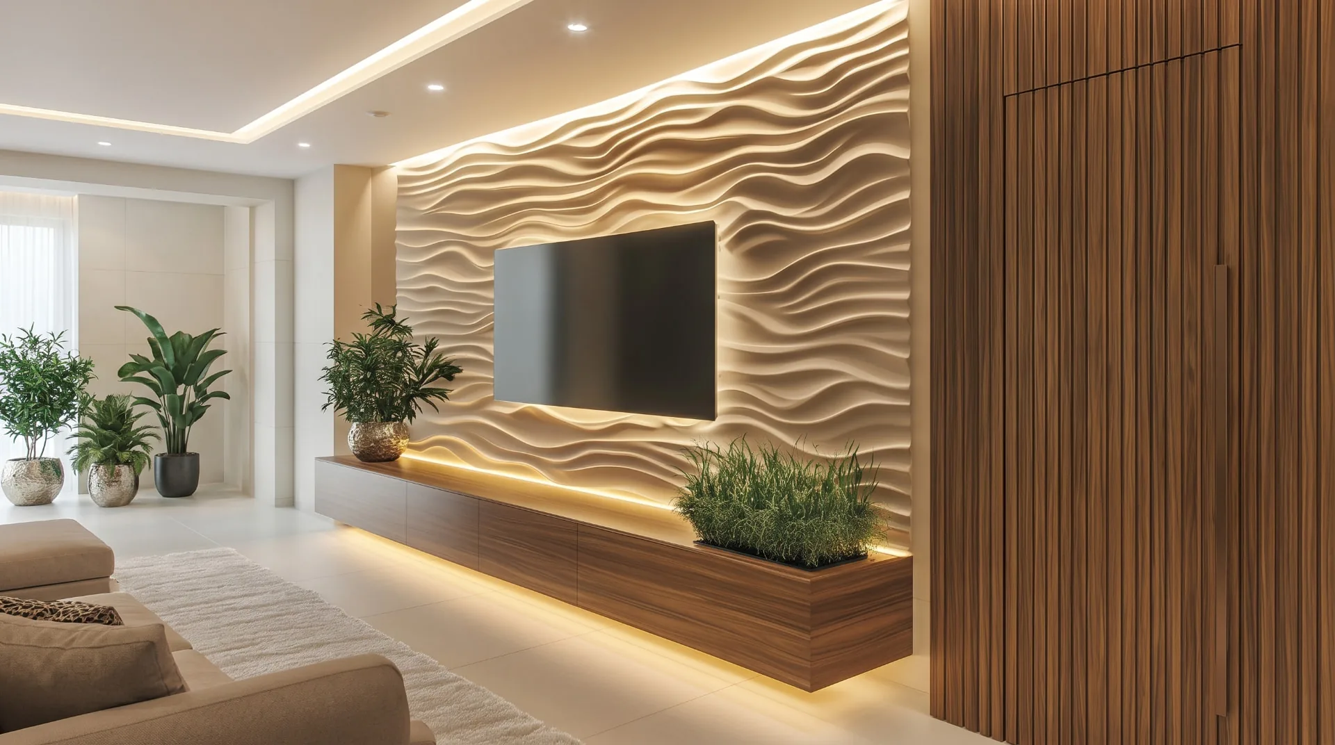 Textured wave feature wall washed with warm LED strip lighting