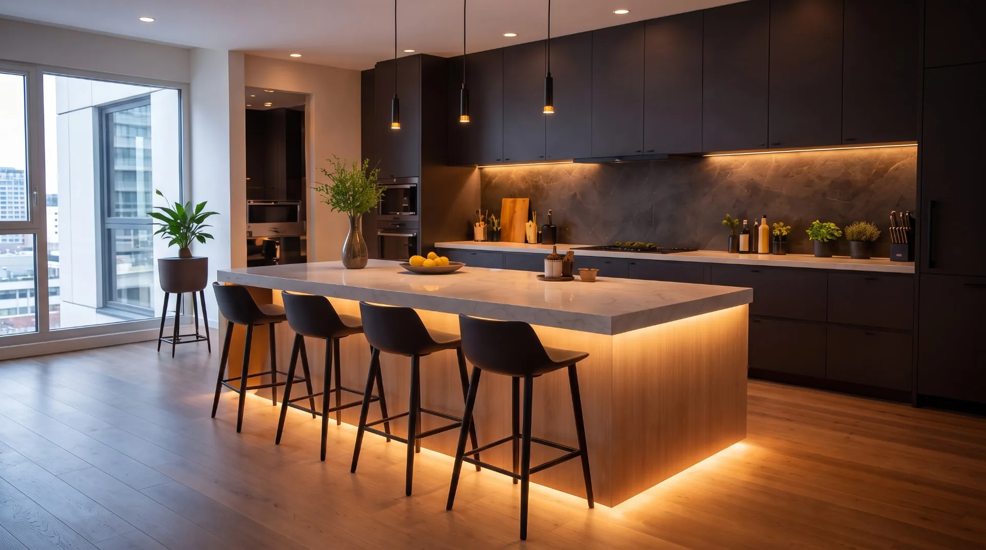 Modern dark kitchen with under-cabinet LED strips, pendant lights and an illuminated island plinth