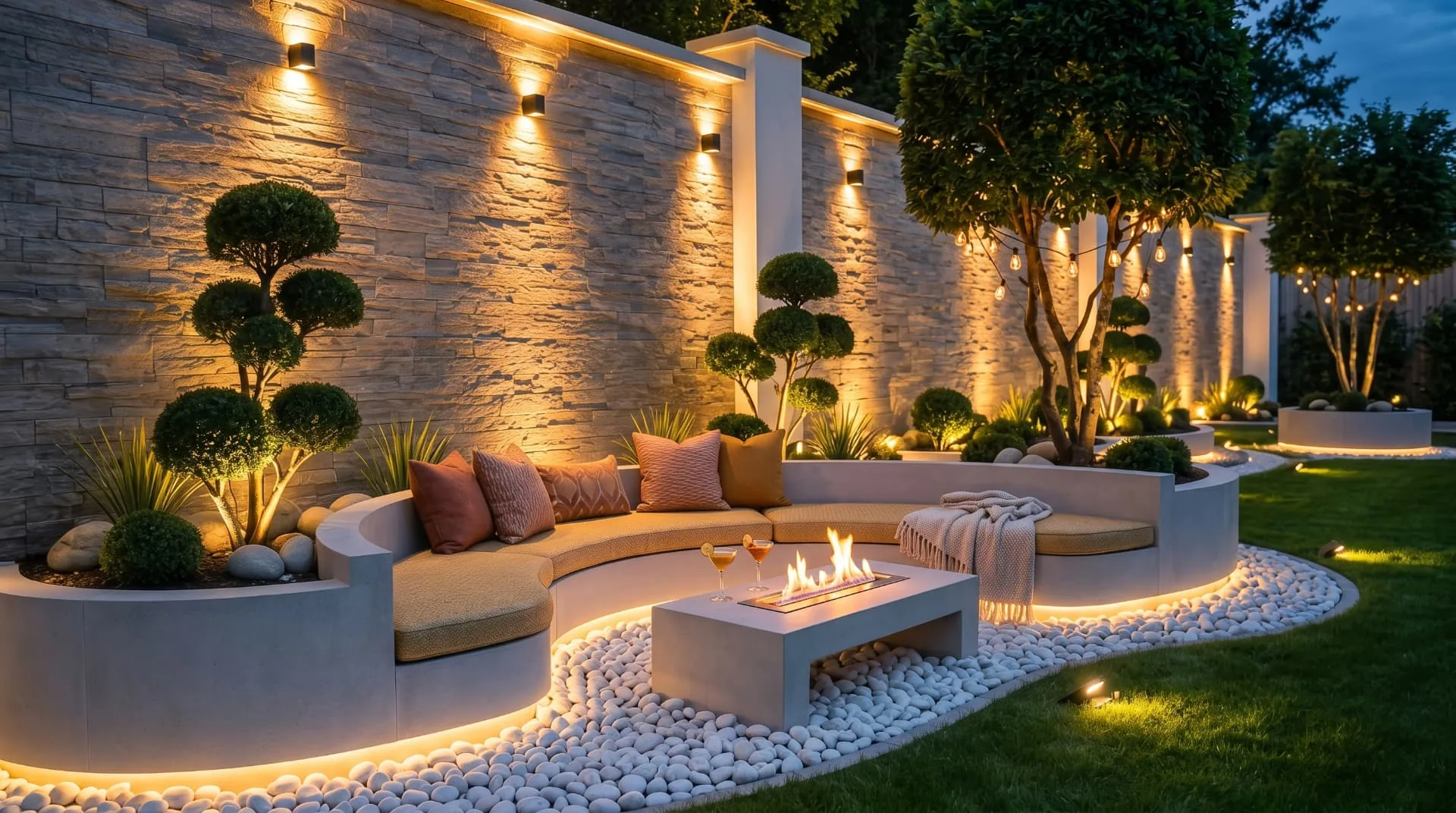 Stone garden wall washed with warm light above a curved lit seating area and fire table