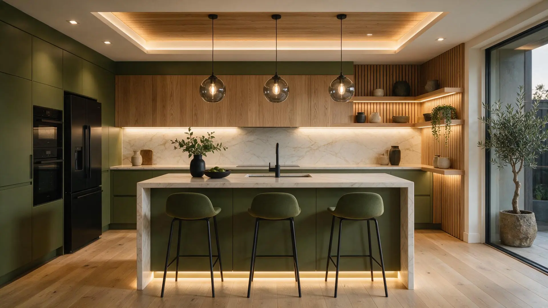 Green modern kitchen with coffered ceiling lighting and LED plinth glow