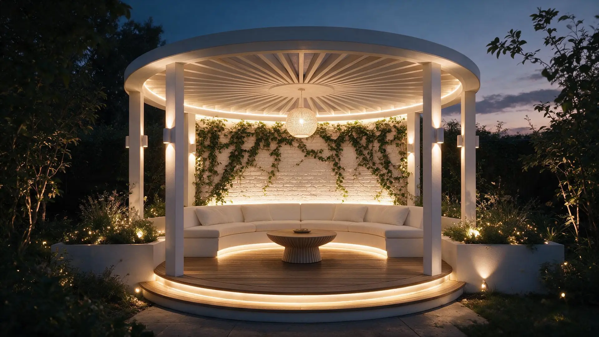 Circular garden pergola with concealed LED lighting and a lit seating deck