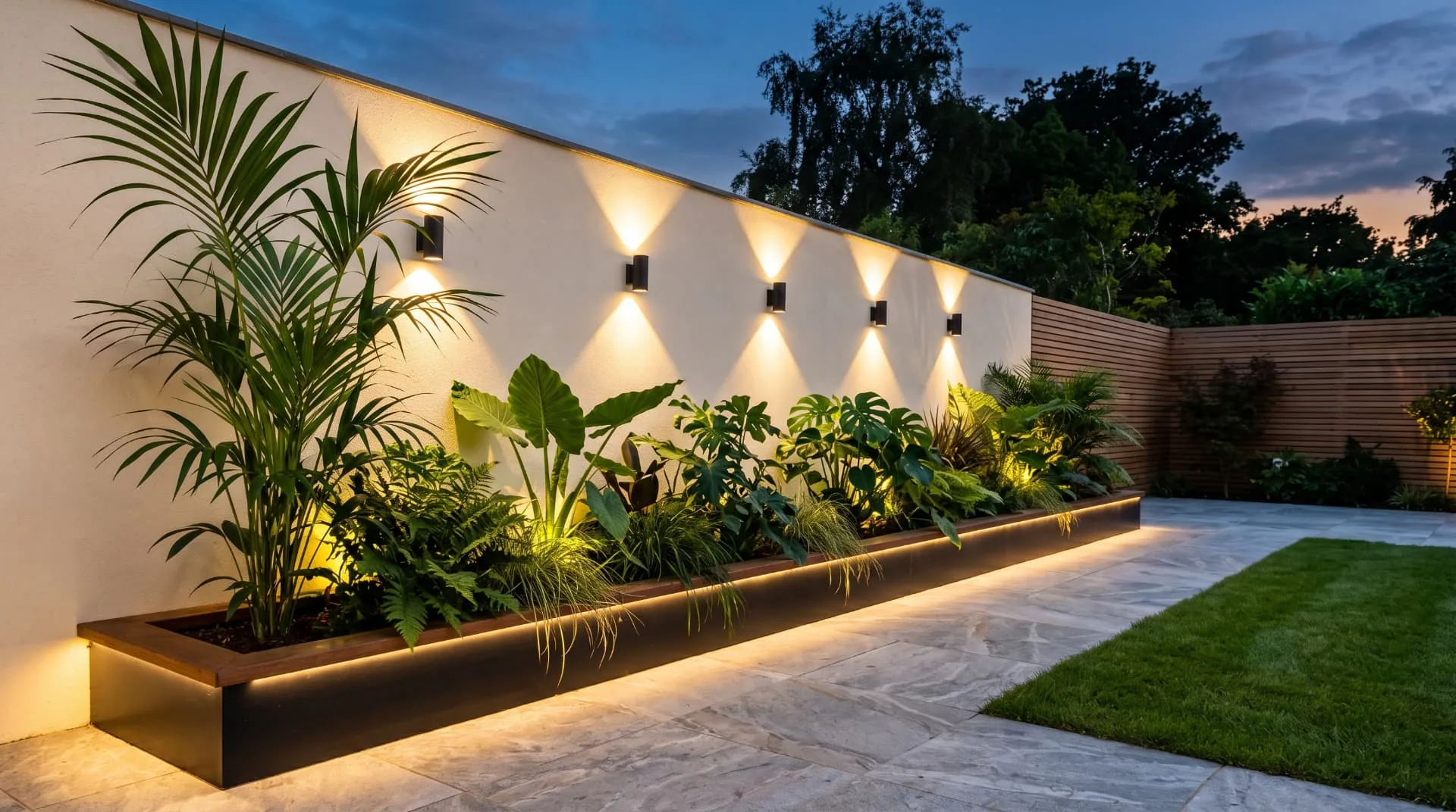 Raised garden planter at dusk with under-lit timber edging and wall-mounted LED uplights