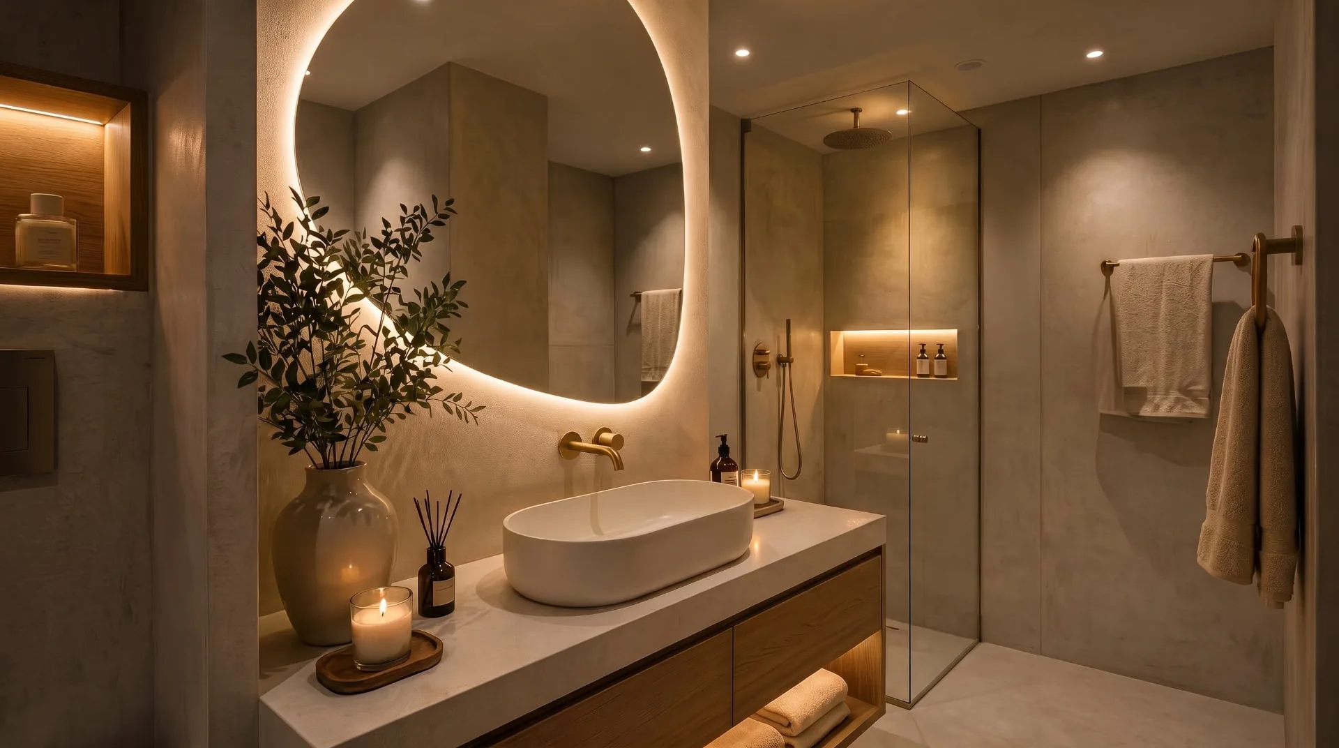 Warm contemporary bathroom with a large oval backlit mirror, candles and soft LED lighting