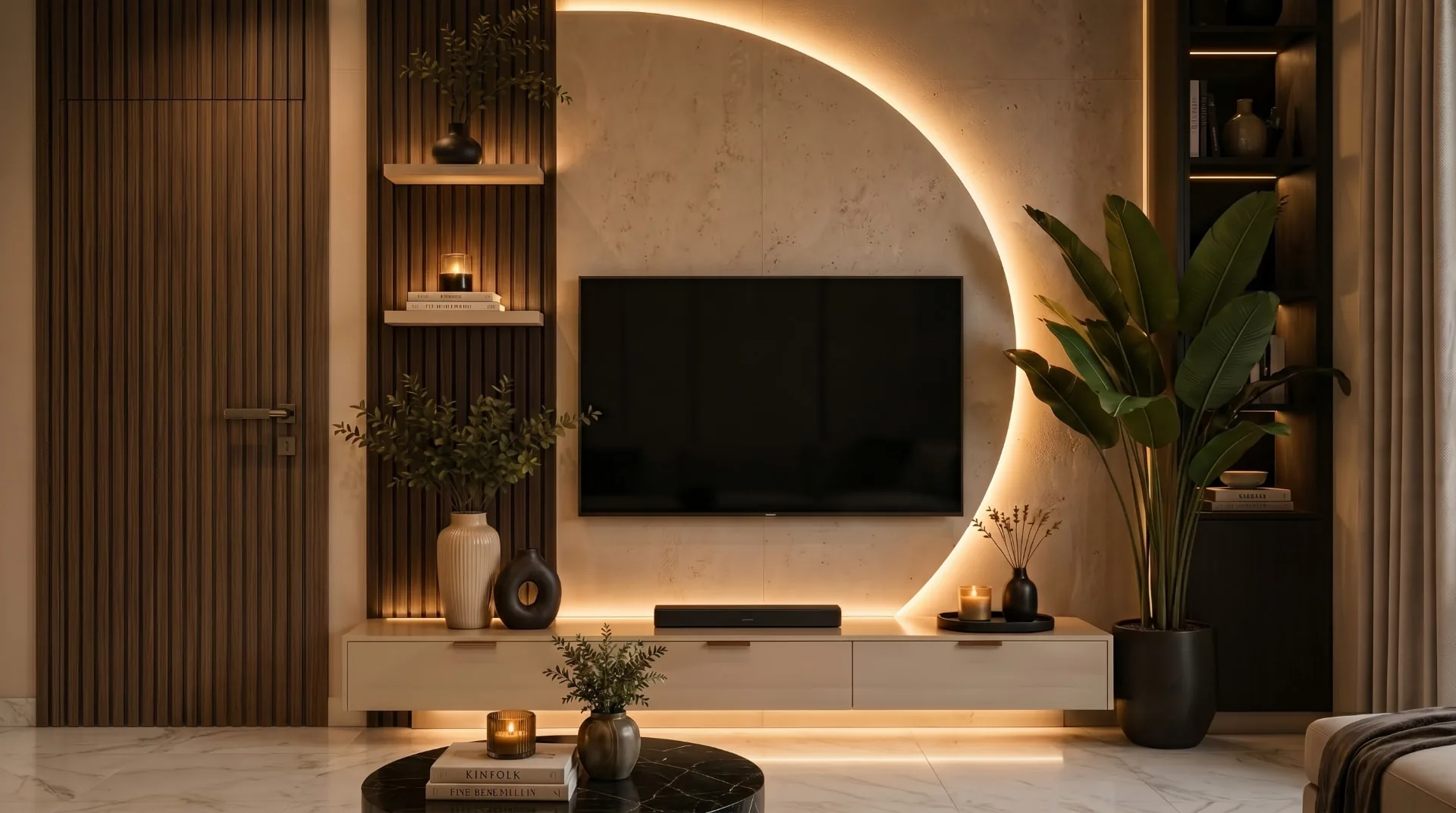 Media wall with a curved LED halo behind a wall-mounted television