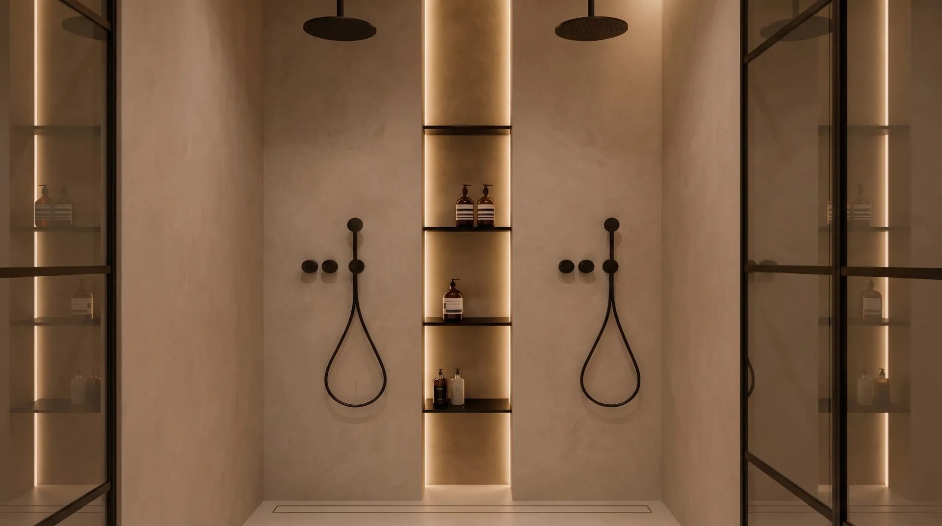Minimal wet room with backlit shelving niches and warm LED strip lighting