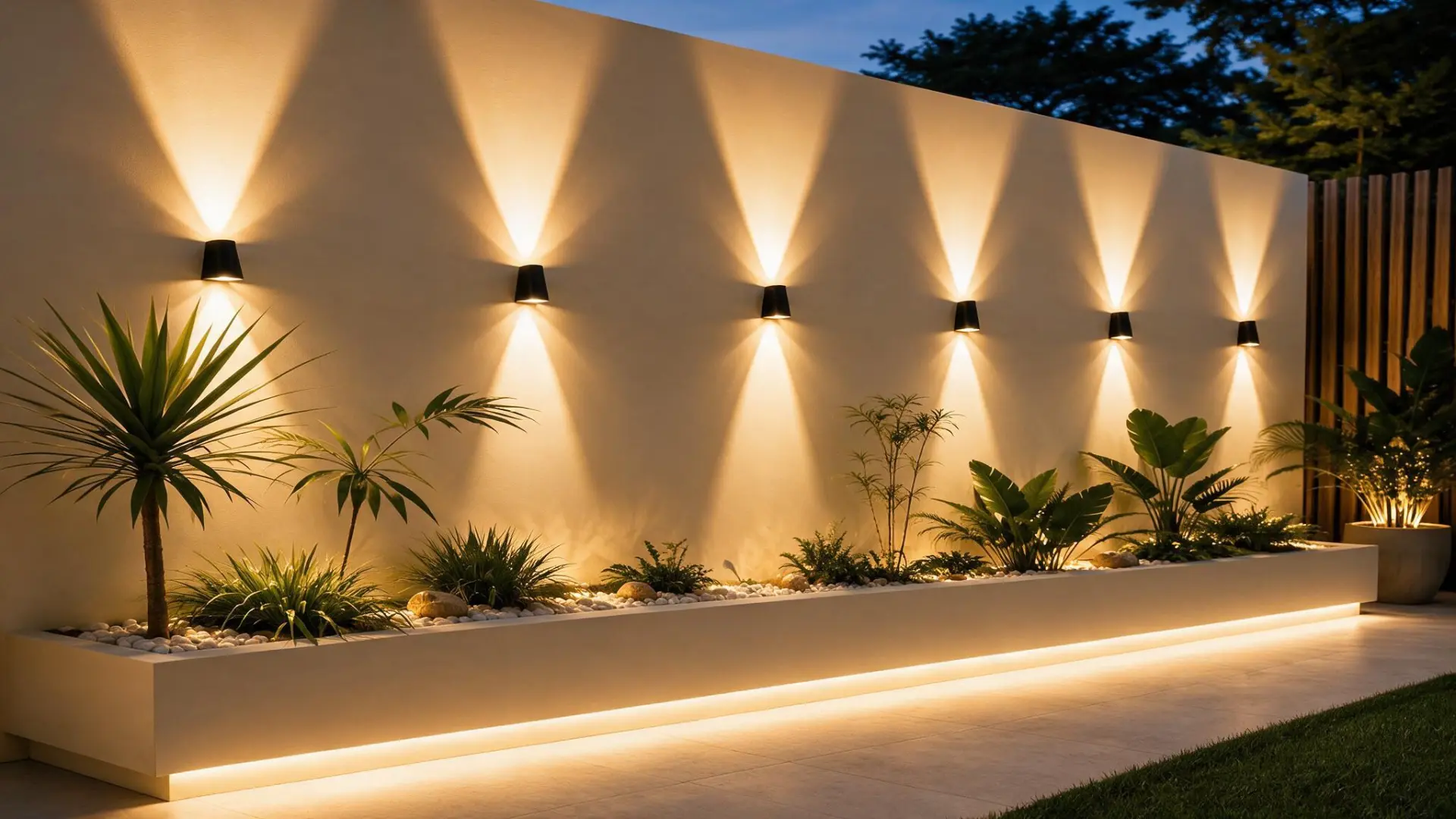 Modern garden wall with evenly spaced up and down lights over a planted bed