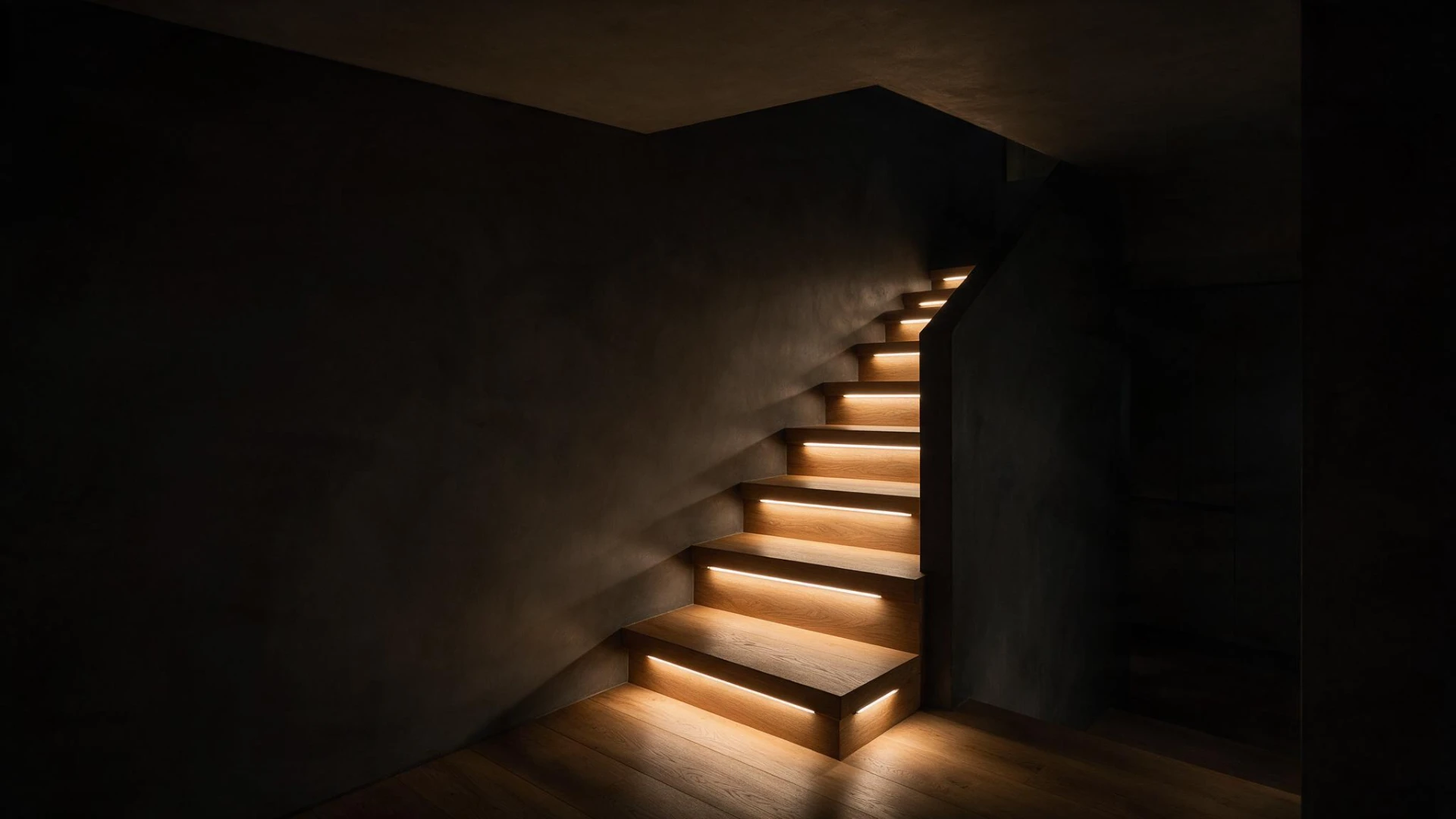 Open staircase with warm LED strip lighting concealed beneath each tread
