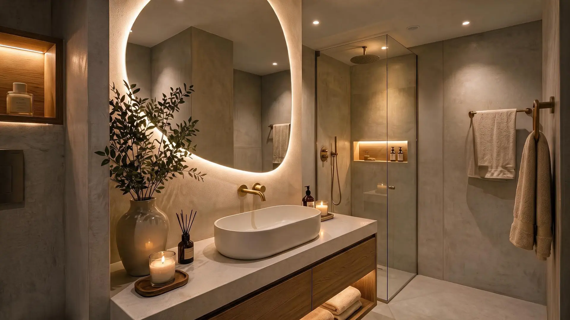 Bathroom vanity with a large backlit LED mirror and feature lighting installed by Amp-Paul Electrics