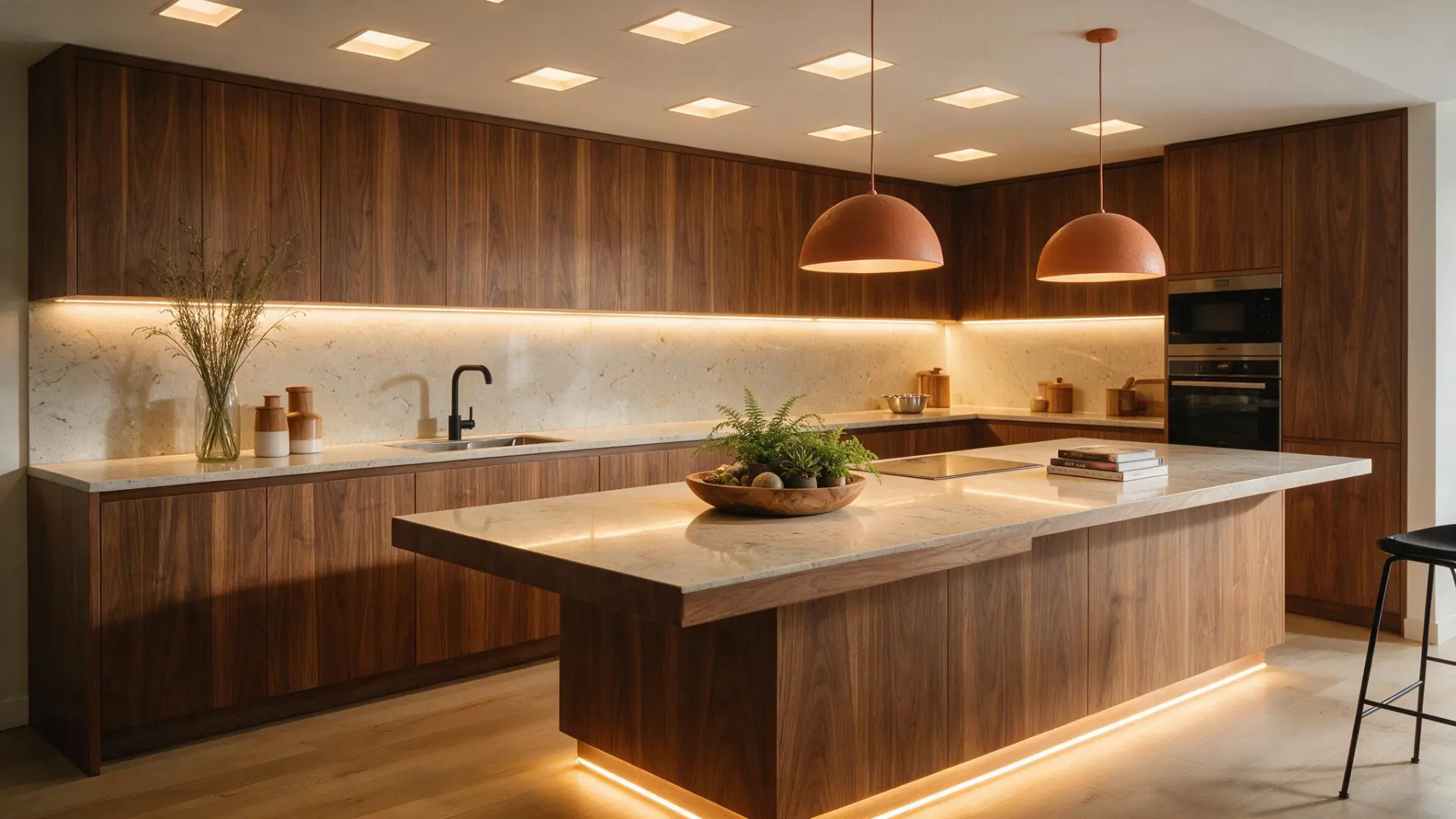 Warm wood kitchen with pendant lights and under-cabinet LED lighting