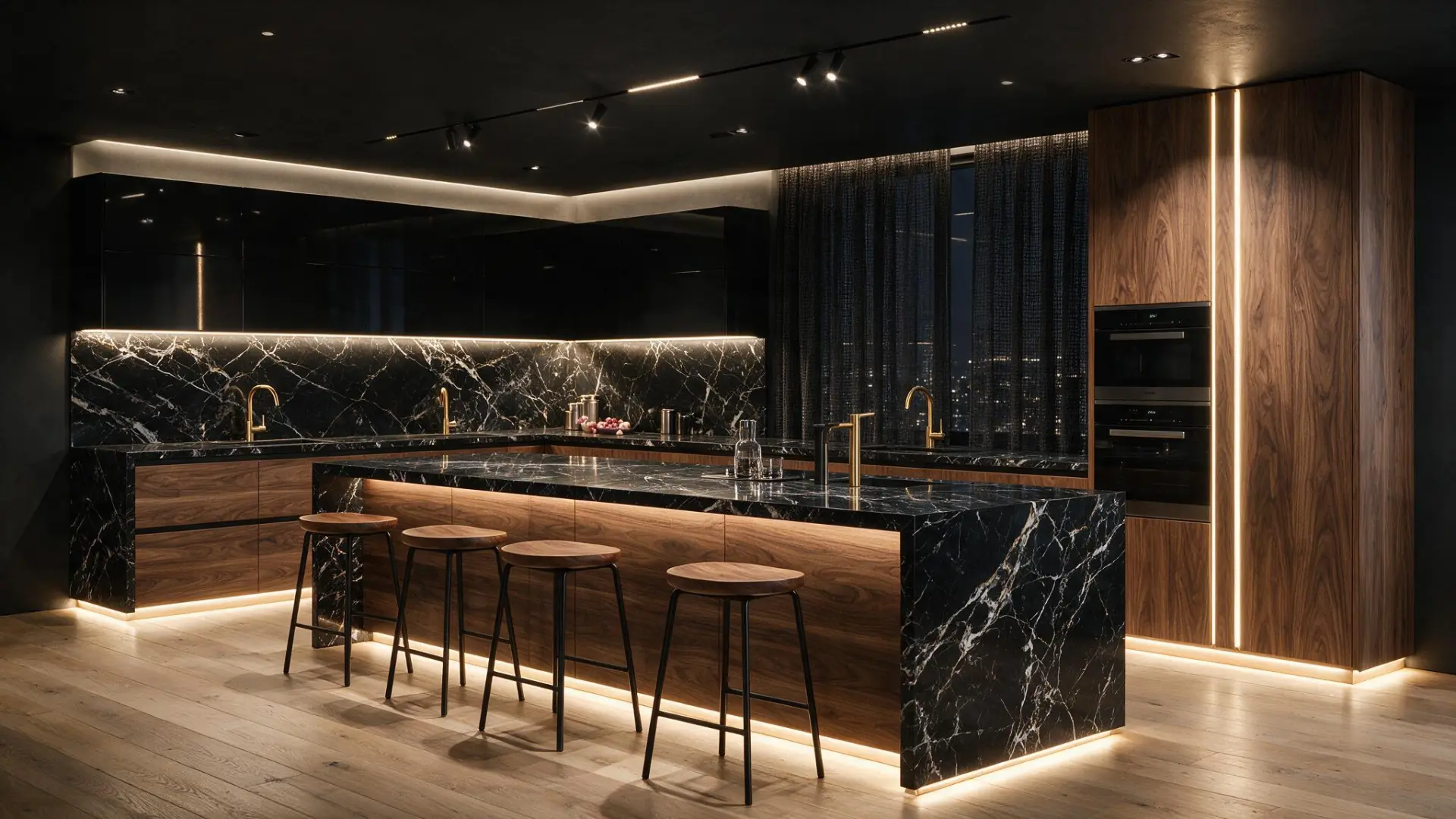 Dark luxury kitchen with marble and wood island lit by LED strips