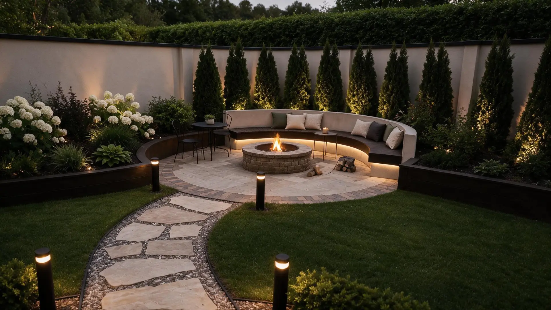 Landscaped garden at dusk with bollard path lights, uplit trees and lit seating