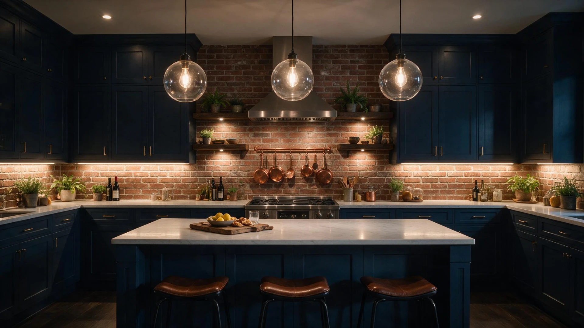 Navy kitchen with exposed brick backsplash, glass globe pendant lights and warm under-cabinet LEDs