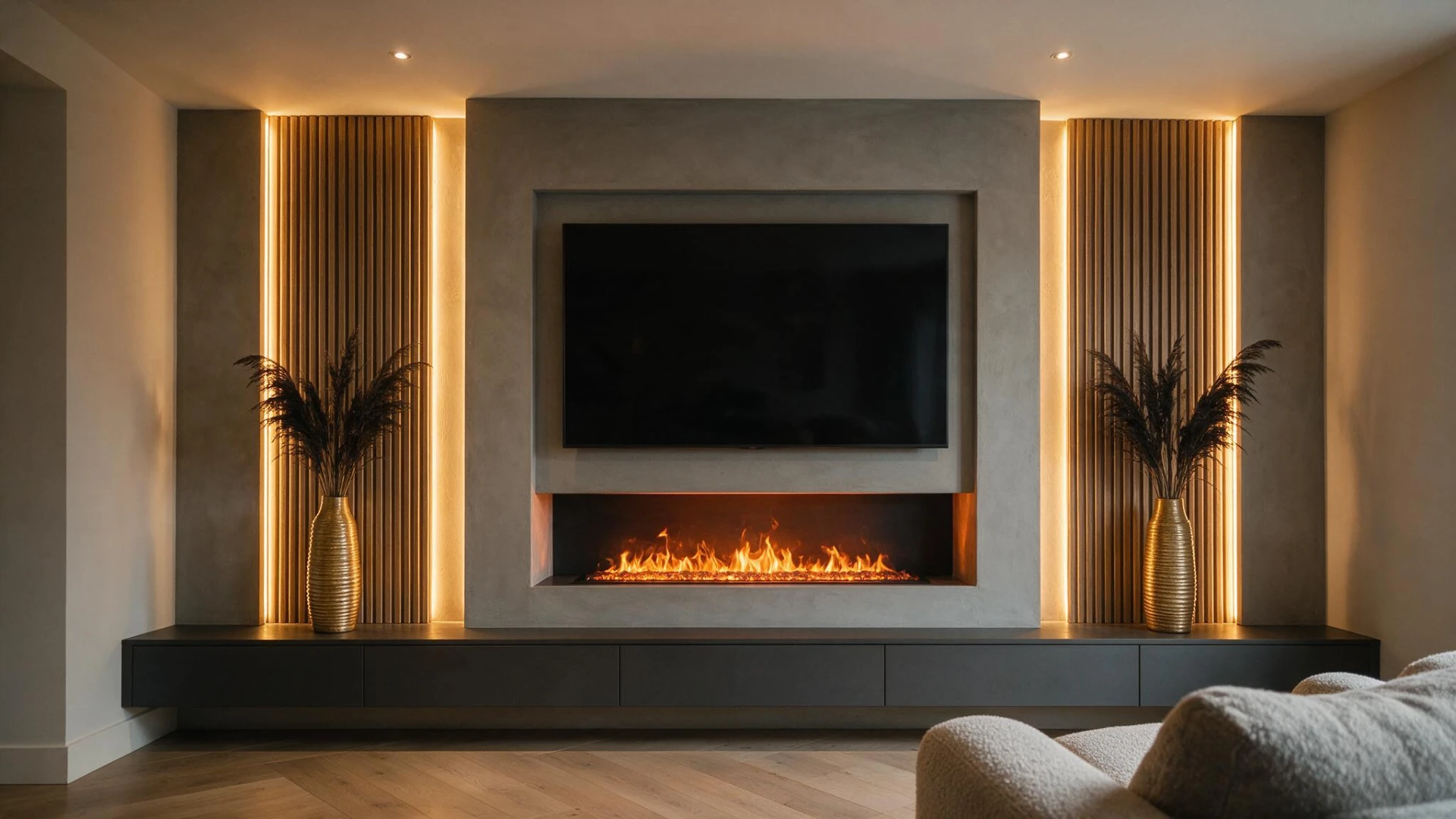 Living room media wall with concrete finish, inset fire and warm LED-lit slatted panels