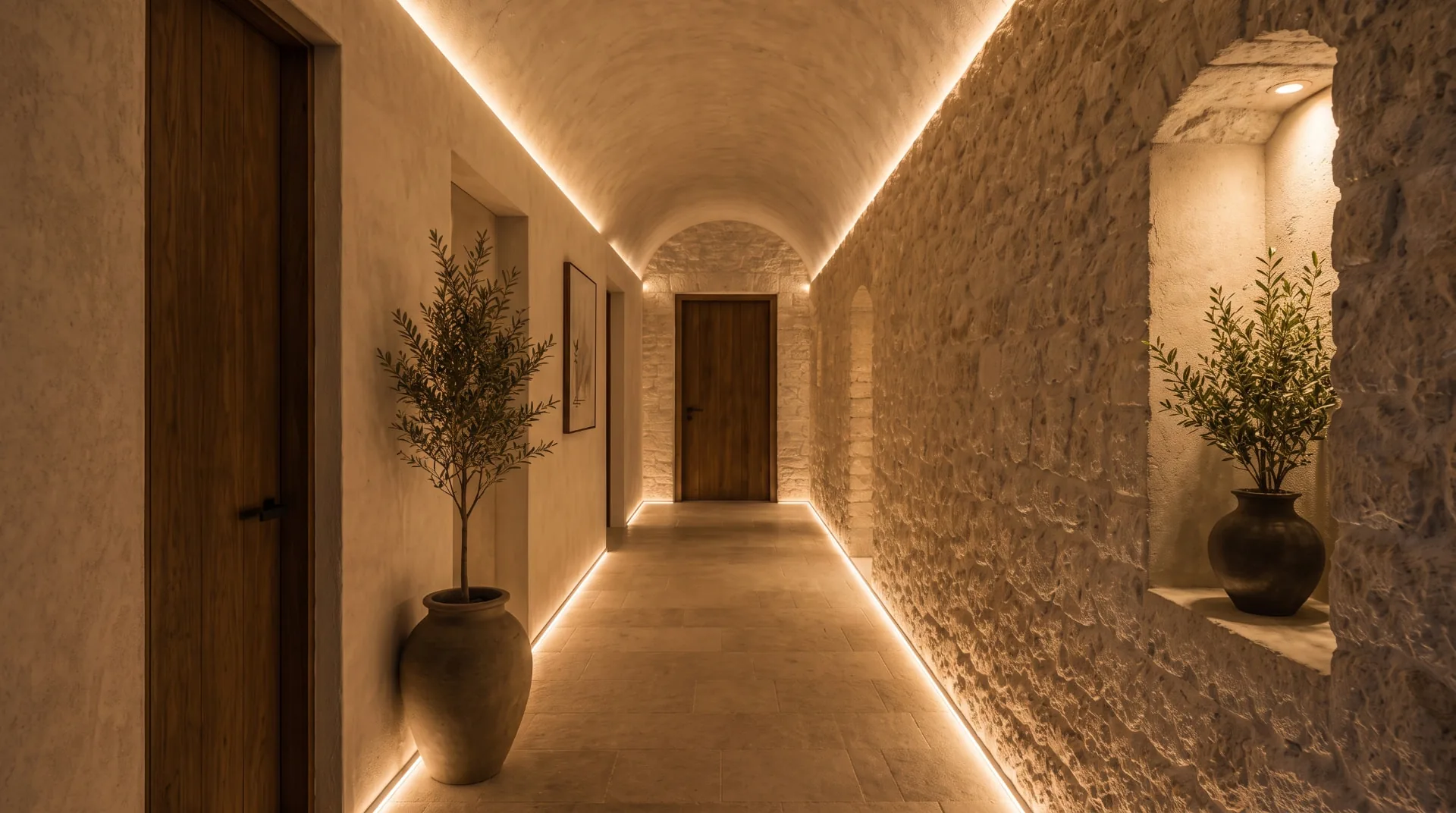 Vaulted stone hallway lit by concealed LED cove and floor-level strip lighting
