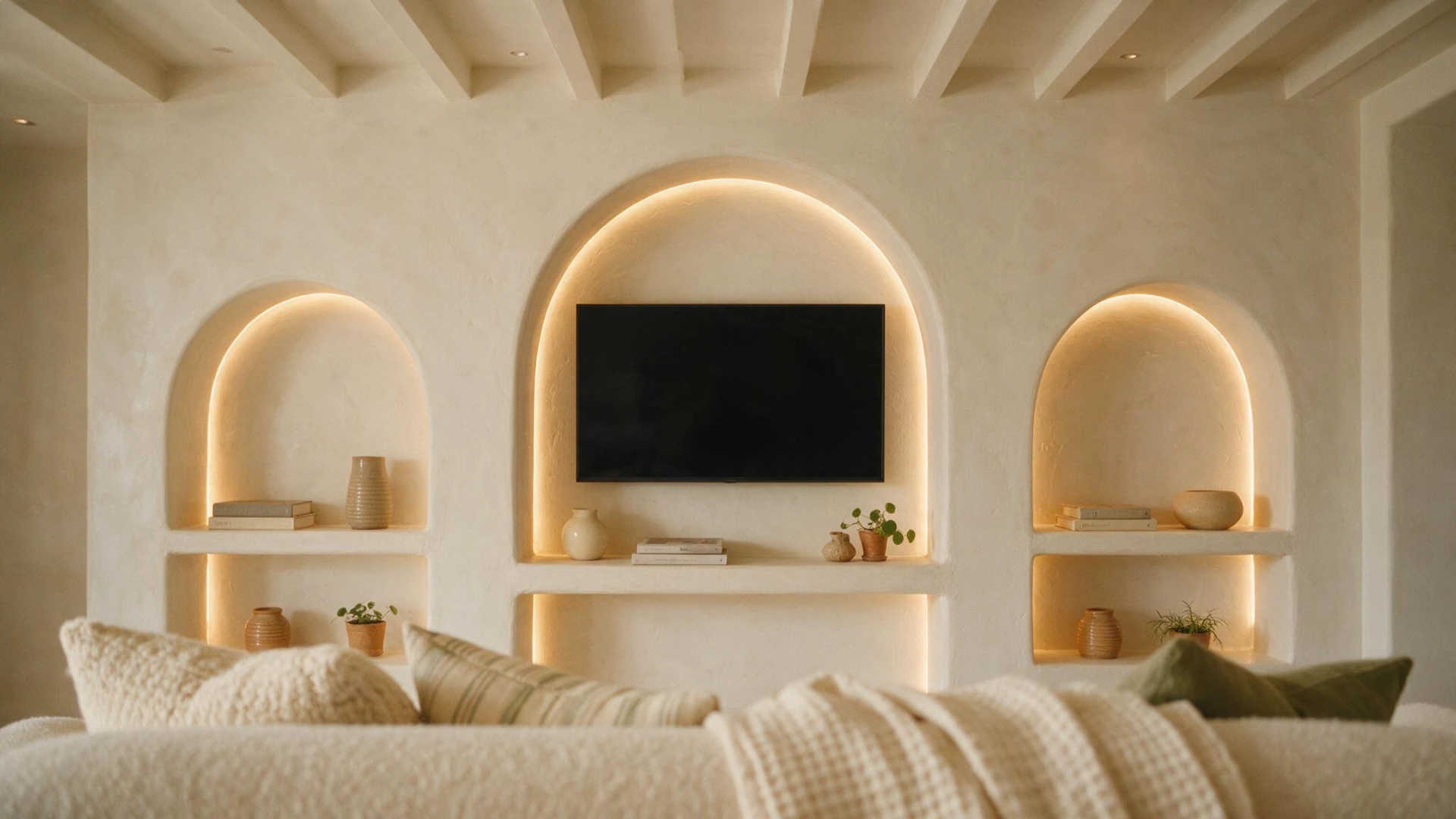 Cream living room with arched alcoves lit by warm concealed LED strips