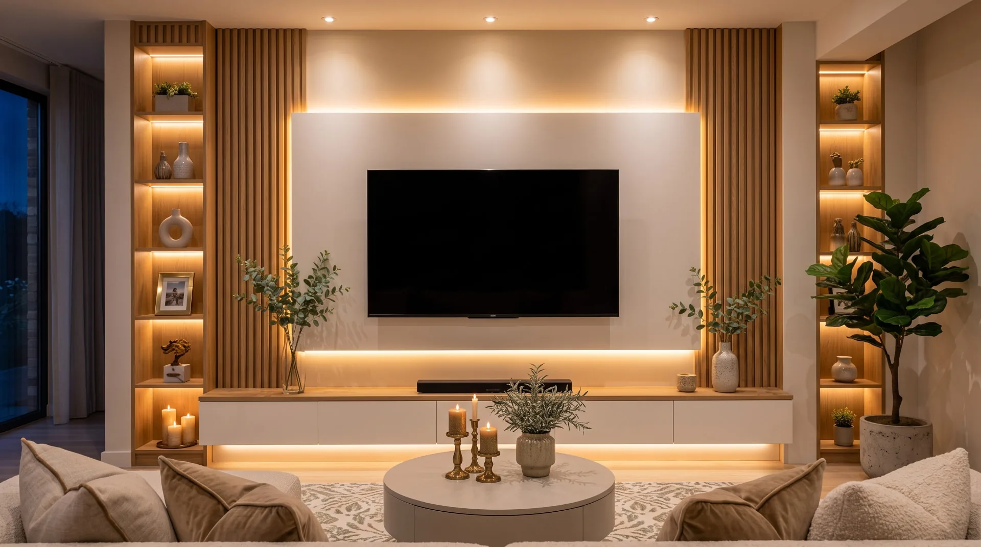 Bespoke LED media wall with warm concealed lighting and wooden slat detailing in a Sussex living room