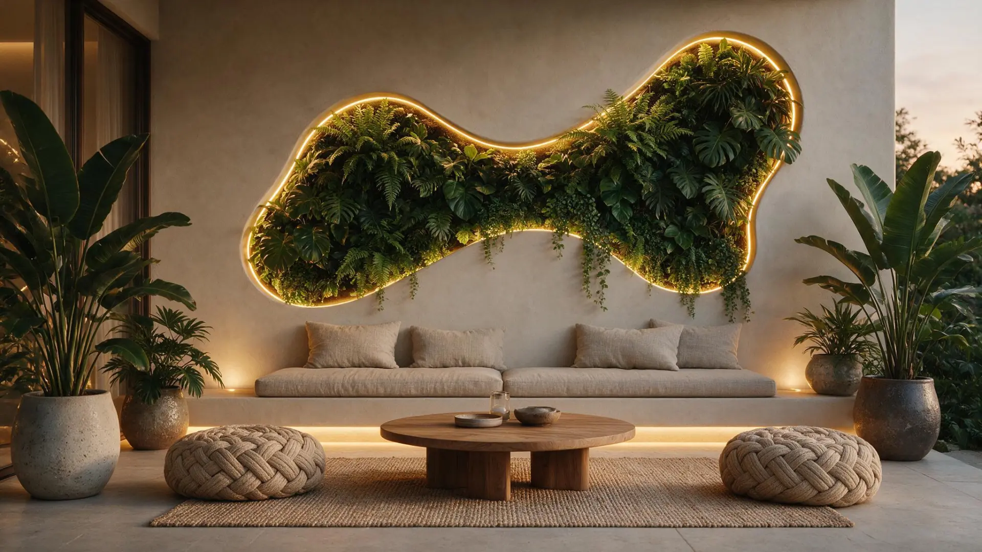 Outdoor lounge with an LED-outlined living plant wall above a bench seat