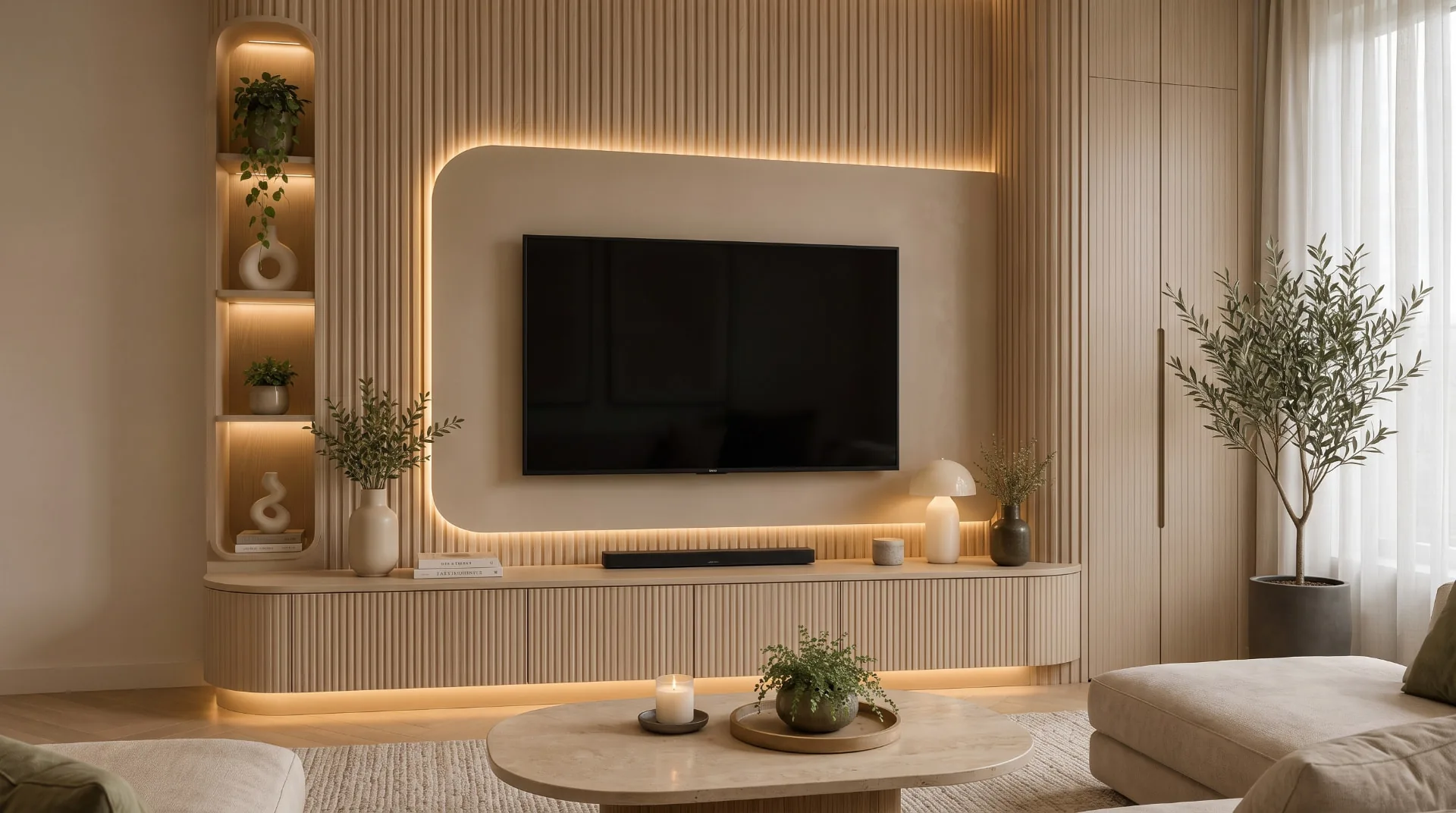 Fluted media wall with concealed LED lighting and lit display niches